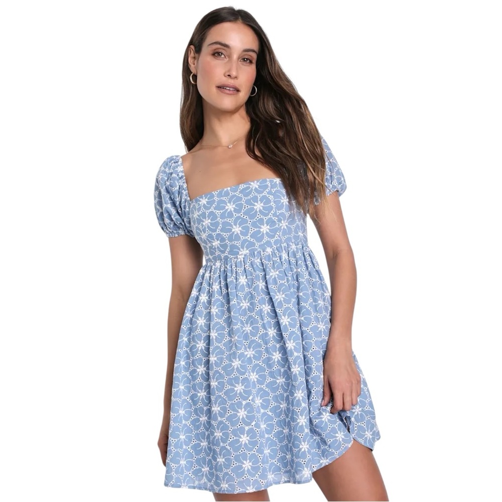 Lulus Fit to Frolic Blue Eyelet Lace Puff Sleeve Babydoll Dress New - Picture 2 of 4